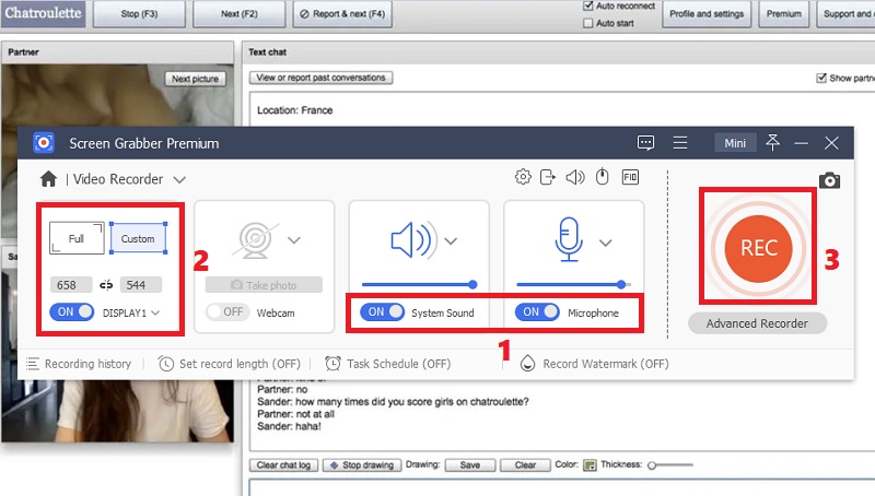 select audio source and recording area, hit rec button