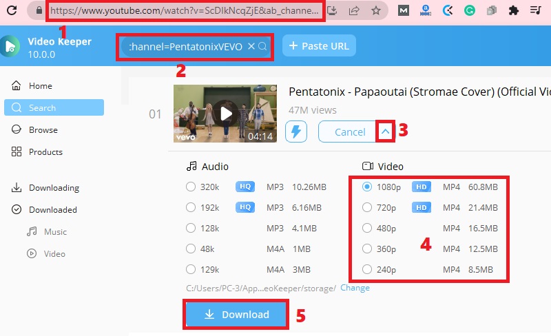 get url, paste viddeo and hit arrow icon, select quality and hit download