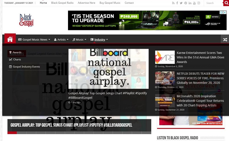 Interfaz del sitio de Black Gospel