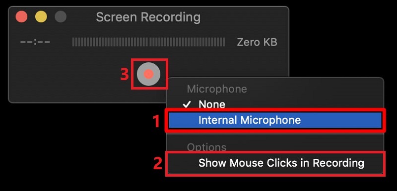 select internal mic, hit show mouse clicks, start recording