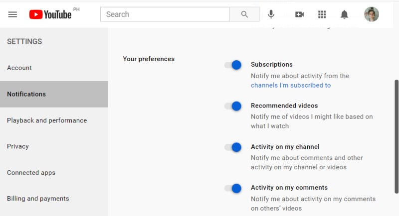 recomendación de youtube rota habilitar notificación