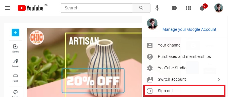 youtube sidebar not showing sign out account