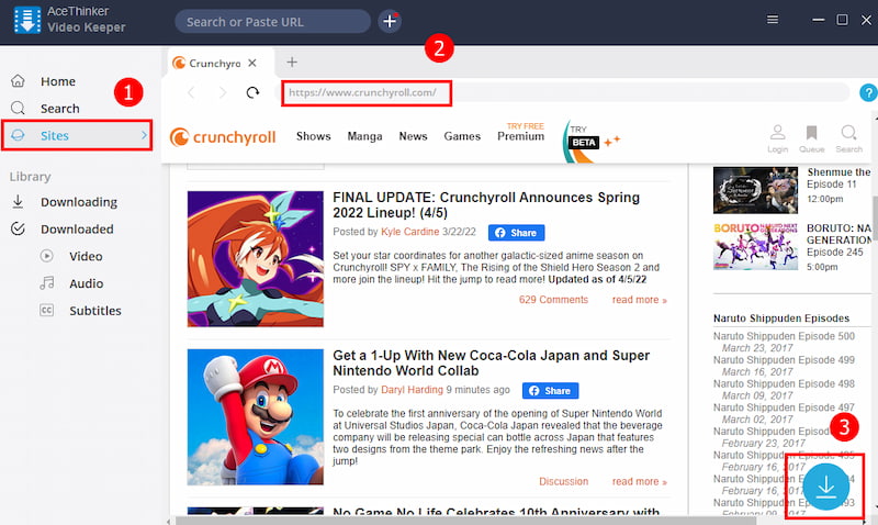 search and download crunchyroll in video keeper pro