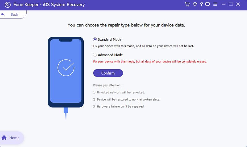 choose standard or advanced mode on ios system recovery