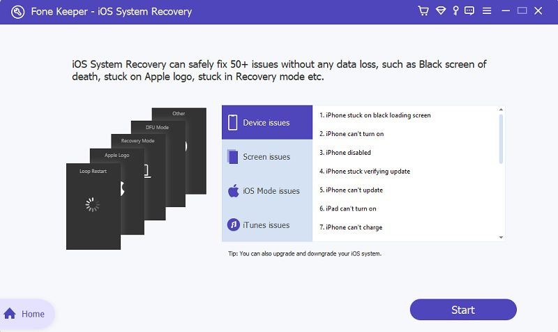 ace ios system recovry main interface