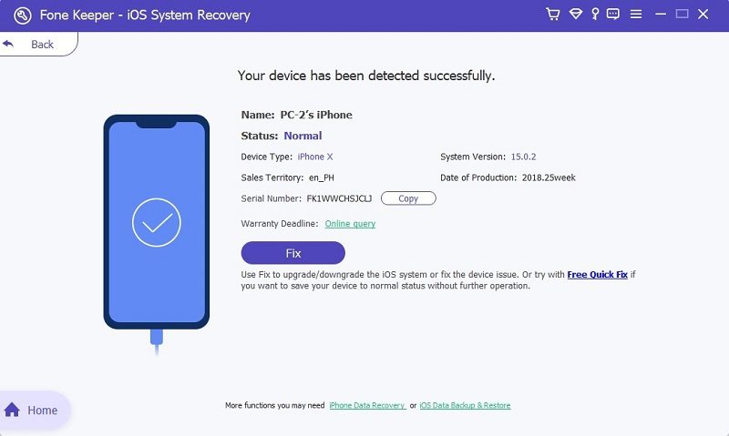 ios system recovery scan and device details