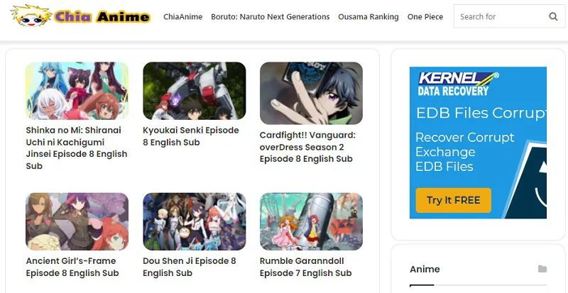 chiaanime main interface with anime series