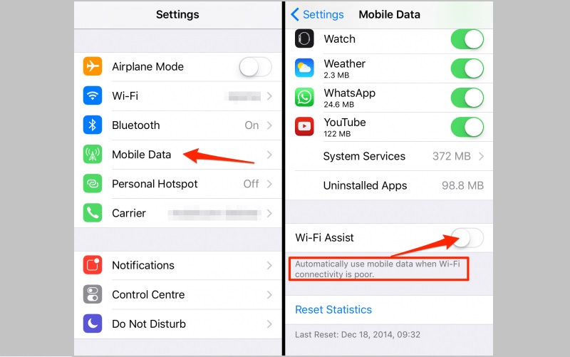 disable wifi assist on iphone