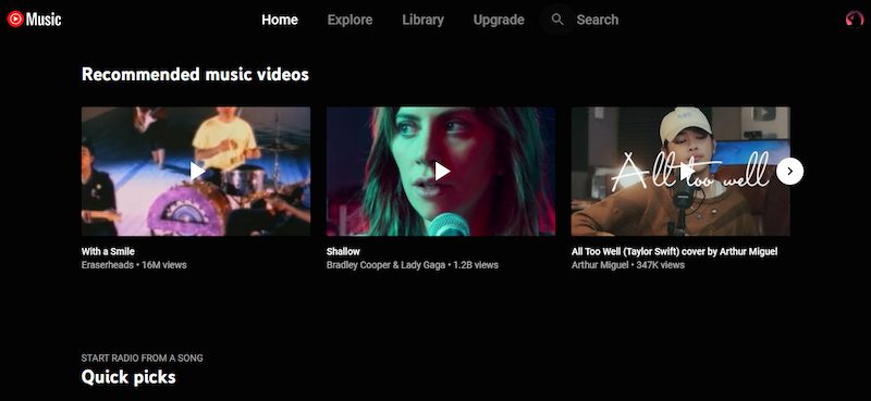 youtubemusic home page with recommended music