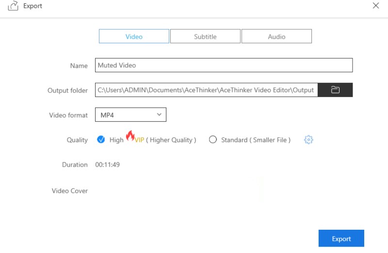 acethinker video editor exporting muted video