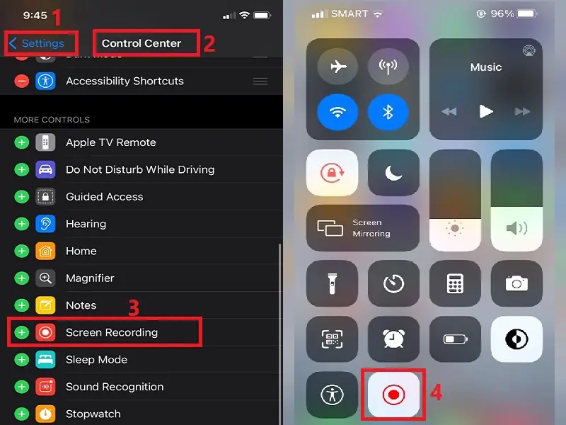 launch settings and add screen recording function to screenshot snapchat