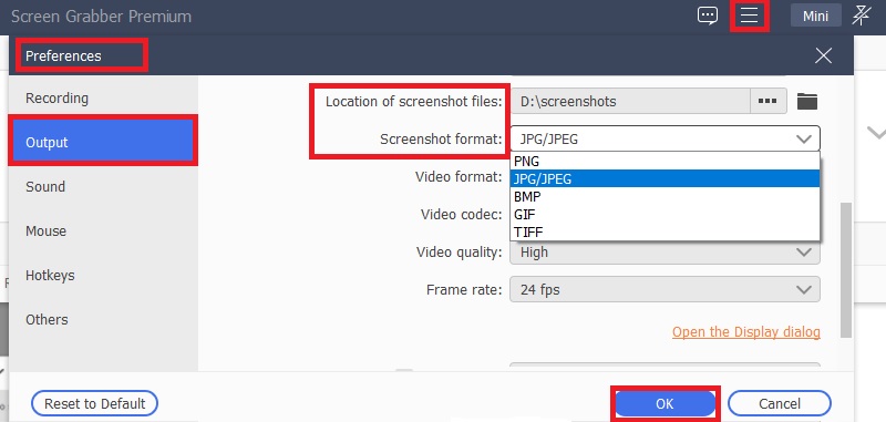 go to the preferences and choose the image format and location of the screenshot