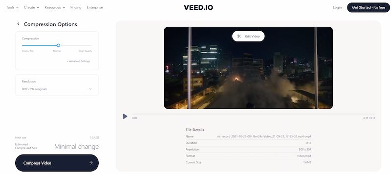 veed compression opionts with preview video 