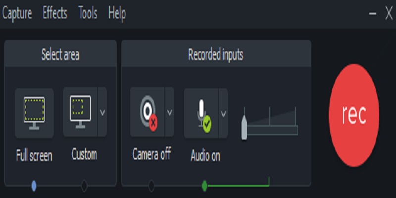  the recording interface of camtasia shows the screen and audio options