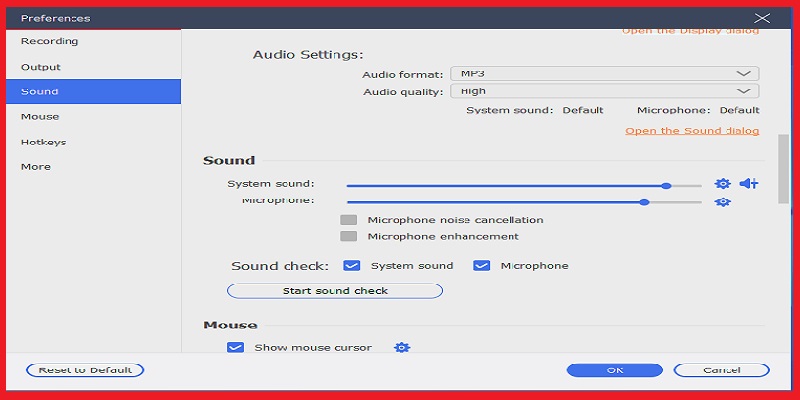 click on the settings tab to see and set preference for recording, output and sound