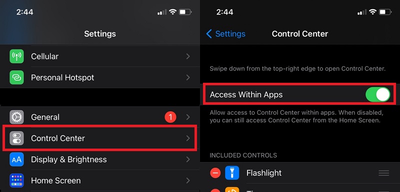 enable access within of control center
