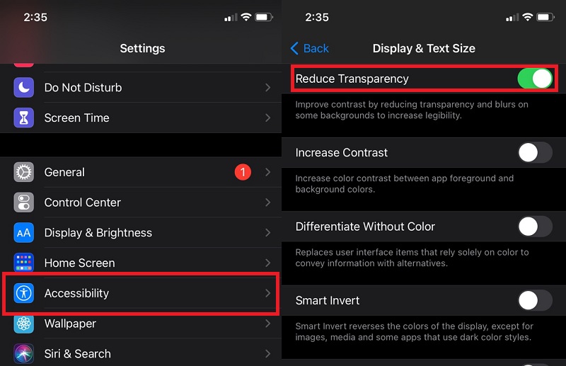 tap accessibility on settings, launch display and enable reduce transparency