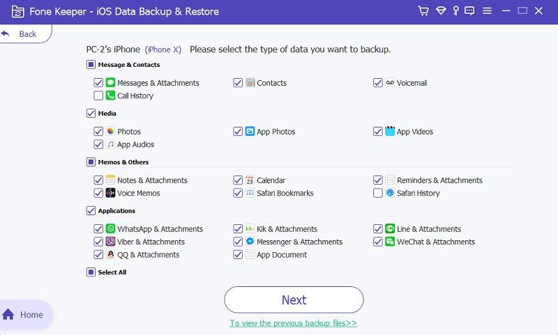 select the files to backup with ios data restore and backup