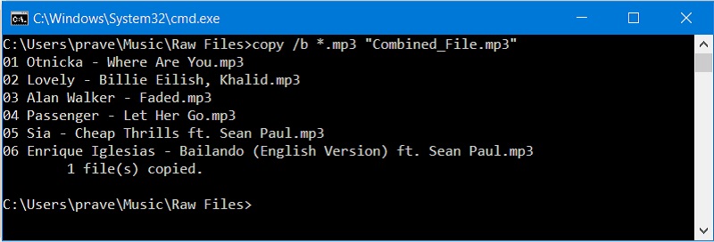 combine archivos mp3 en Windows 10 usando el símbolo del sistema cmd
