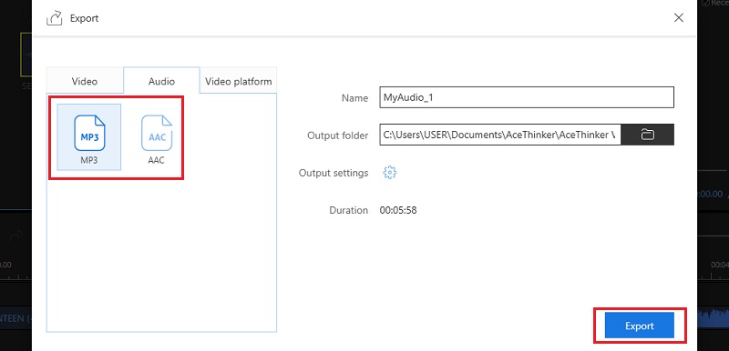combine y exporte el archivo mp3 usando el editor de video acethinker