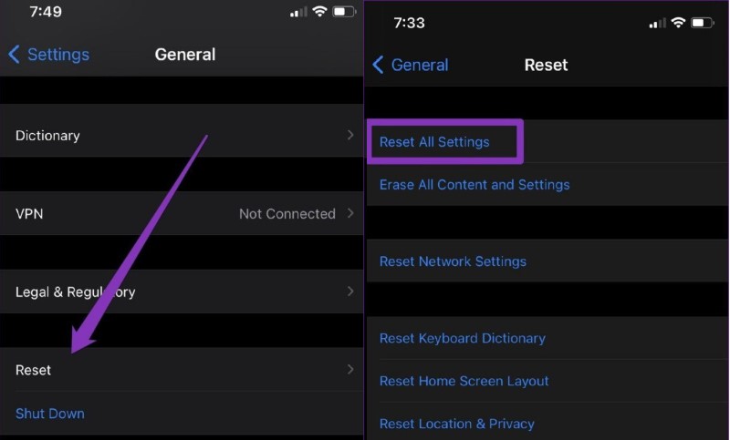 reset iphone to fix notification error