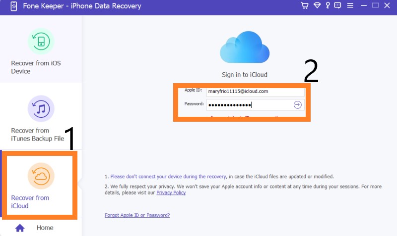 sign in icloud account with ios data recovery