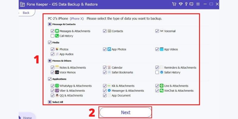 select the data type for backup