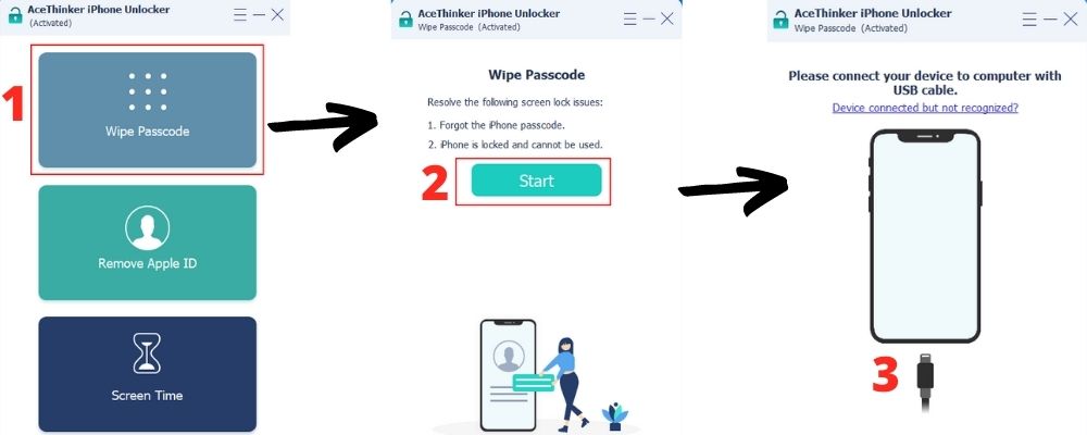 choose wipe passcode mode, click start, then connect device
