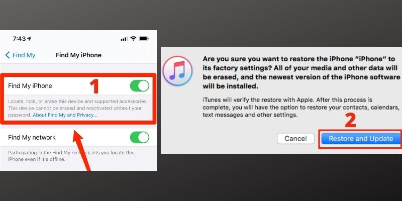 disable find my iphone, choose update and restore