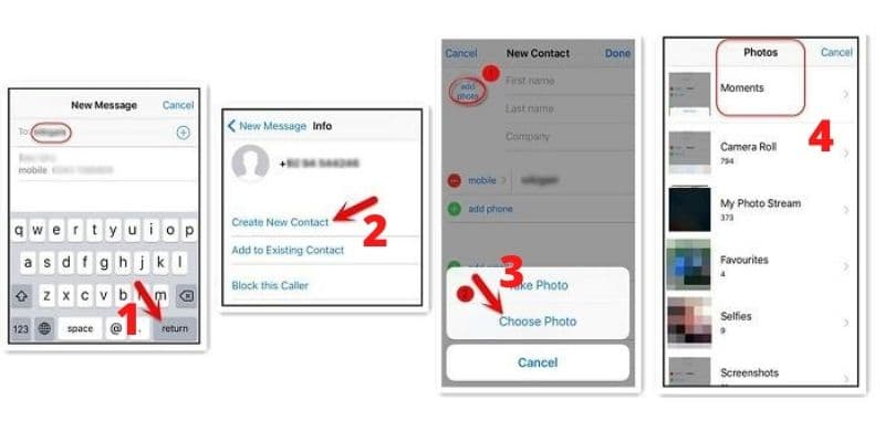 paste in to, create new contact and choose photos