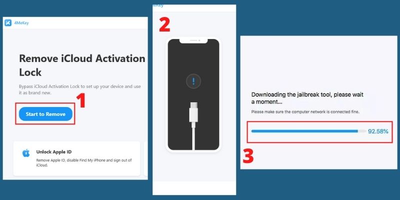 select start to remove, connect device, and download jailbreak tool