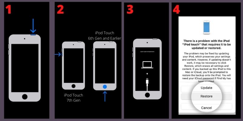 turn off ipod, hold the correct button, wait for recovery mode and restore via itunes