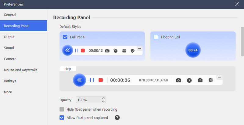 recording panel settings