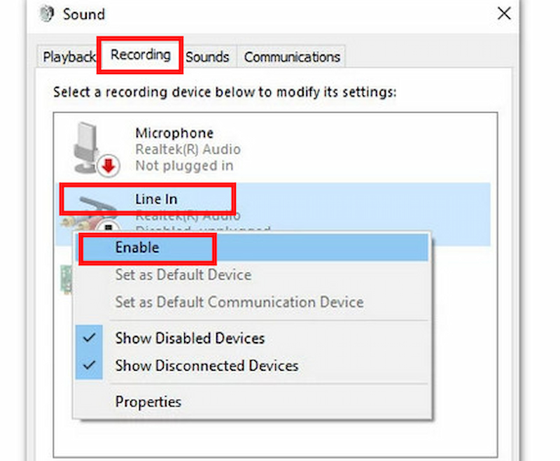 click the system sounds and find recording tab