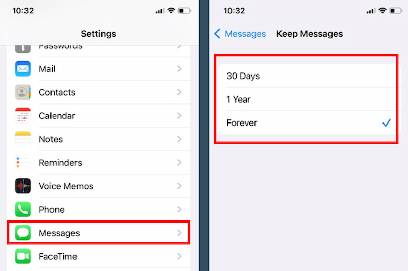 fix iphone text messages disappear by changing message frequency