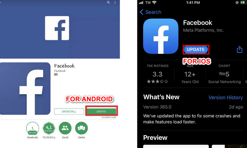 update facebook app in the play store or app store