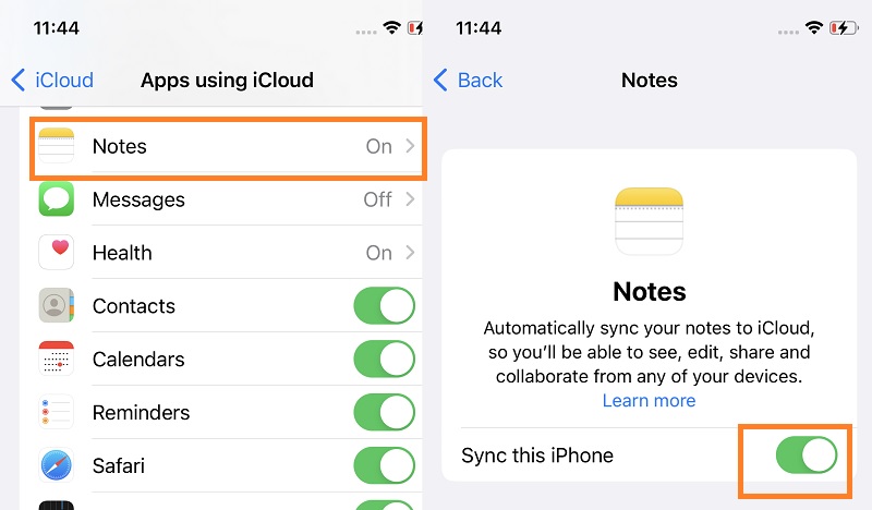 sync notes using icloud