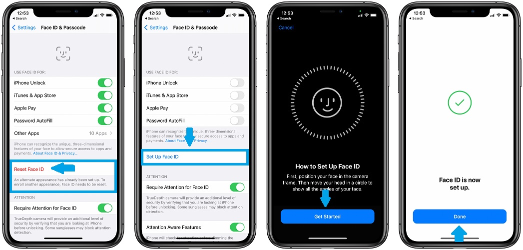 open settings, face id and passcode, reset or set up face id, register face, and done