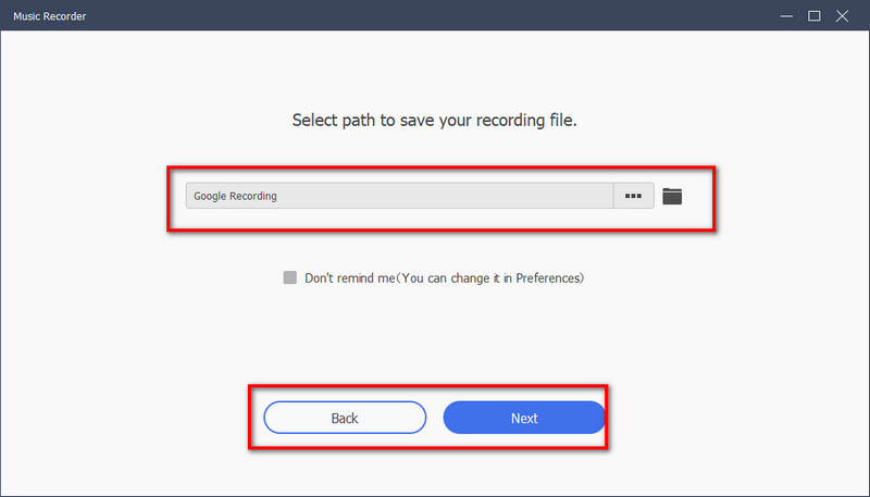 select destination for recordings for music recorder
