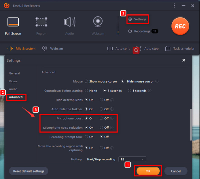 turn on noise cancellation on easeus recexpert