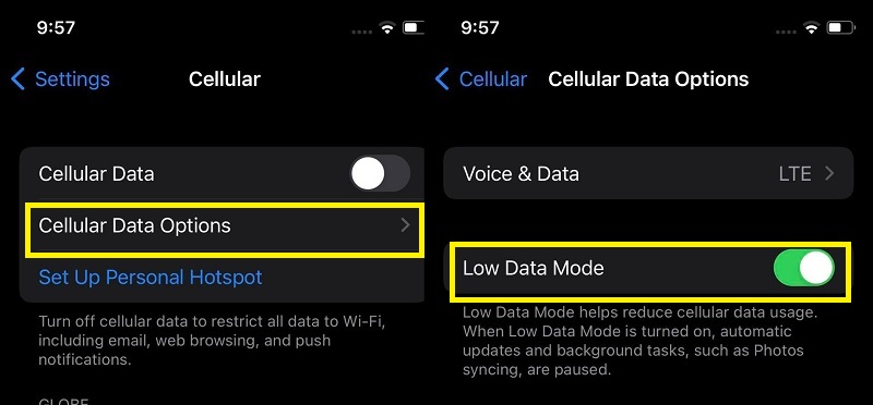 enable low data mode to prevent data cap