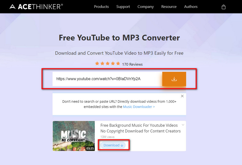 paste video url on free youtube to mp3 converter
