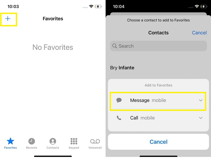 add contacts on favorites by messaging option