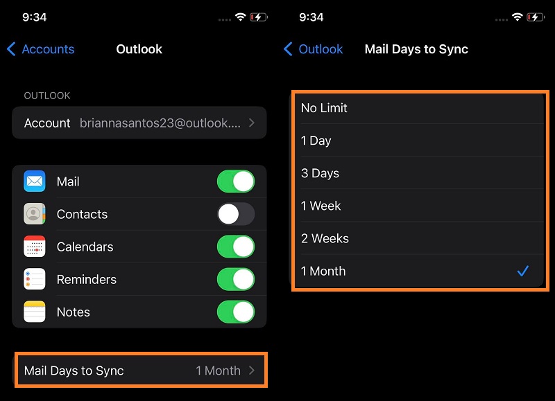 verifique la configuración de sincronización en su aplicación de Outlook
