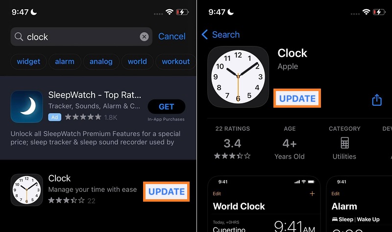 update clock on app store