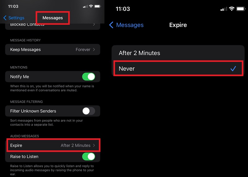 go to settings, click, messages, expire, hit never