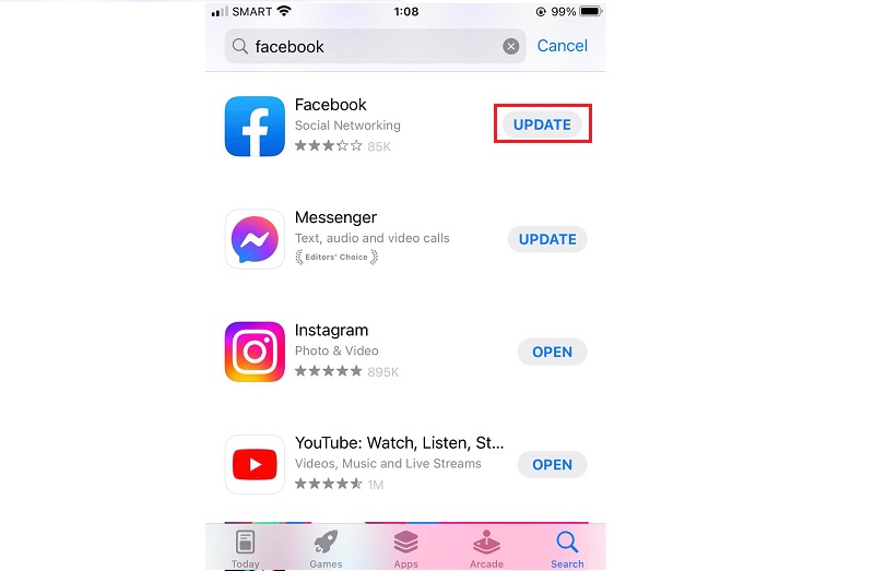 update facebook app to the latest version