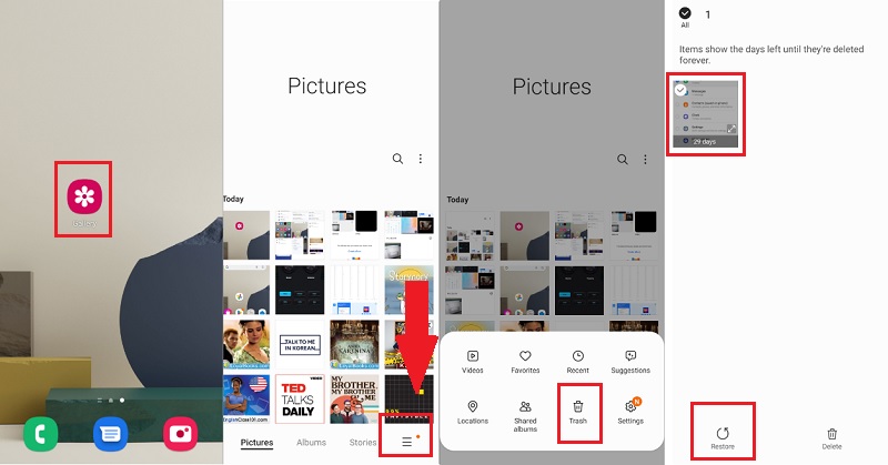 las fotos desaparecieron del teléfono Android verifique en la carpeta de basura