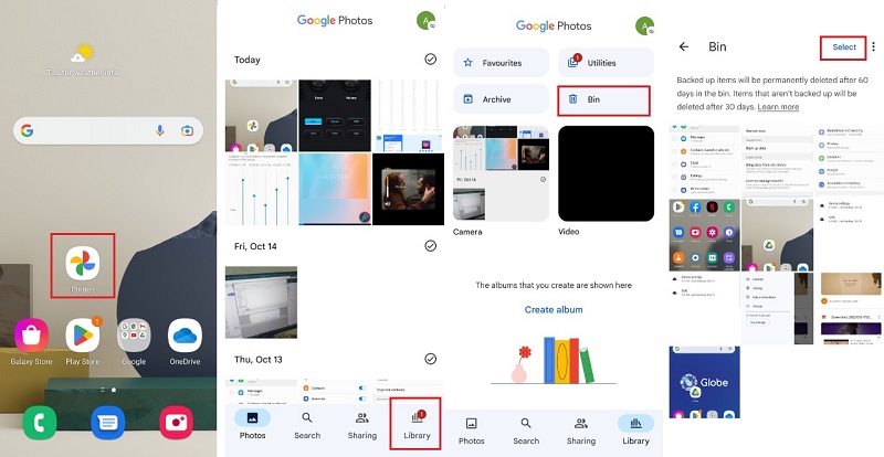 las fotos desaparecieron del teléfono Samsung, verifique en la carpeta bin de fotos de Google