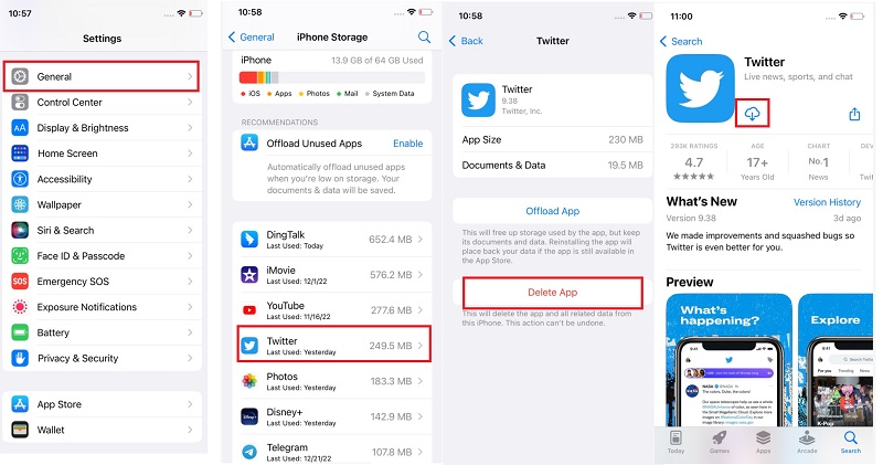 uninstall twitter and re download for iphone